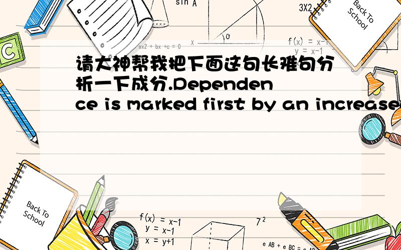 请大神帮我把下面这句长难句分析一下成分.Dependence is marked first by an increased tolerance,with more and more of the substance required to produce the desired effect,and then by the appearance of unpleasant withdrawal symptoms whe