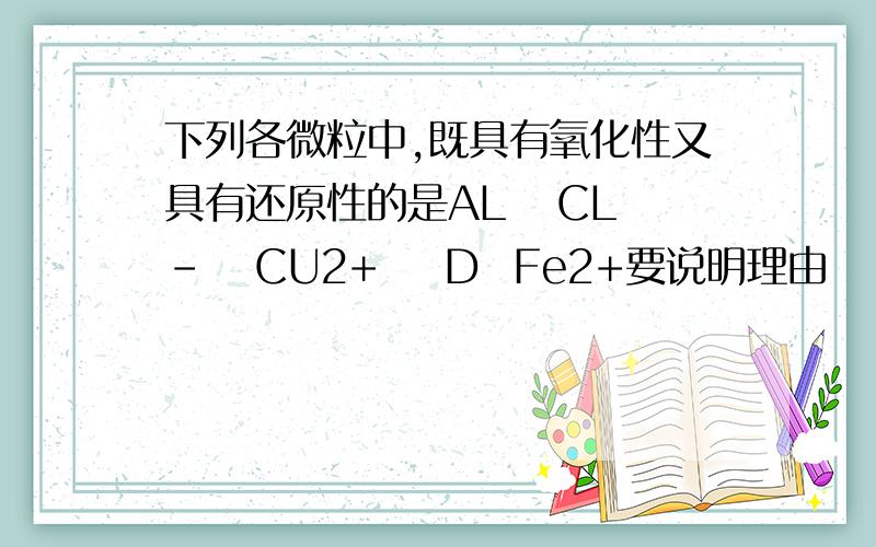 下列各微粒中,既具有氧化性又具有还原性的是AL   CL-   CU2+    D  Fe2+要说明理由