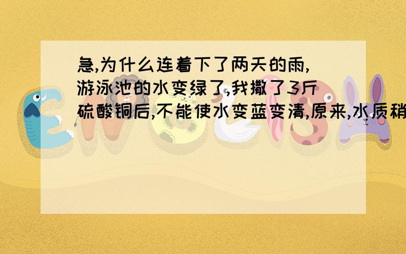 急,为什么连着下了两天的雨,游泳池的水变绿了,我撒了3斤硫酸铜后,不能使水变蓝变清,原来,水质稍有变化,只要撒一点硫酸铜,一会就能变清变蓝,为什么下雨后再撒了3斤硫酸铜后都一天了还