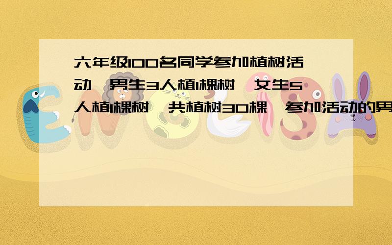 六年级100名同学参加植树活动,男生3人植1棵树,女生5人植1棵树,共植树30棵,参加活动的男女生各有多少人用假设法解.提示：1÷3=3分之1    1÷5=5分之1