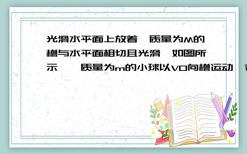 光滑水平面上放着一质量为M的槽与水平面相切且光滑,如图所示,一质量为m的小球以V0向槽运动,若开始时槽固定不动,求小球上升的高度（槽足够高）,若槽不固定,则小球又上升多高?