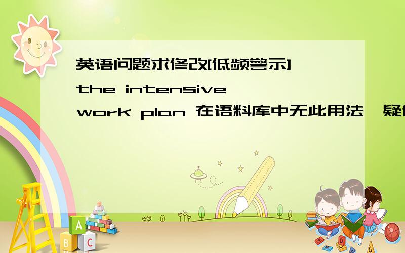 英语问题求修改[低频警示] the intensive work plan 在语料库中无此用法,疑似中式英语 [低频警示] the stress in contemporary life 在语料库中无此用法,疑似中式英语 批改网的 求修改