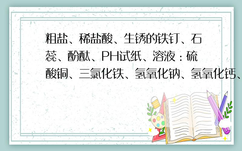 粗盐、稀盐酸、生锈的铁钉、石蕊、酚酞、PH试纸、溶液：硫酸铜、三氯化铁、氢氧化钠、氢氧化钙、碳酸钠组合化学方程式准备化学实验、化学方程式