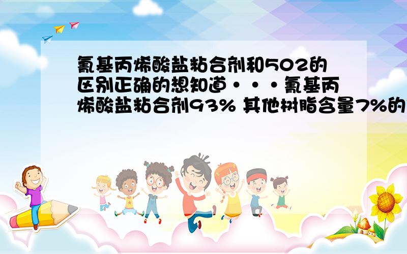 氰基丙烯酸盐粘合剂和502的区别正确的想知道···氰基丙烯酸盐粘合剂93% 其他树脂含量7%的粘着剂的国内正确叫法·产品非水溶剂状··呈类似于果冻或牙膏一样的形态.正常保持最好在低温情