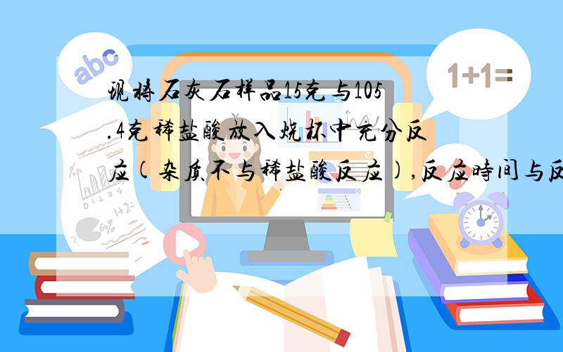 现将石灰石样品15克与105.4克稀盐酸放入烧杯中充分反应(杂质不与稀盐酸反应),反应时间与反映前后烧杯内物质的质量变化如下表所示：反应时间s  20  20  20  20  20  20       质量g  119.52  118.64  117