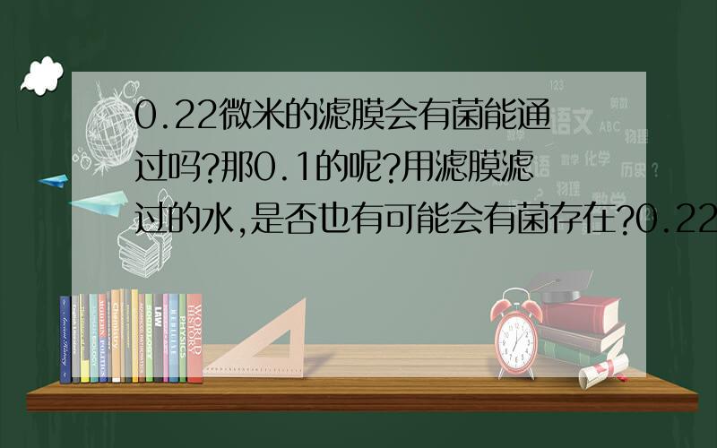 0.22微米的滤膜会有菌能通过吗?那0.1的呢?用滤膜滤过的水,是否也有可能会有菌存在?0.22的滤膜能保证多大的除菌率呢?能不能给介绍一下相关研究的文献.中文的我没搜到,英文又不好,最好有英