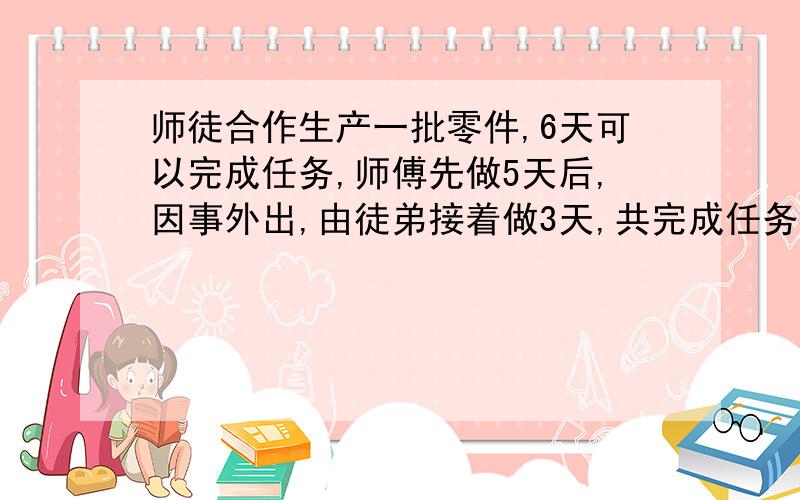 师徒合作生产一批零件,6天可以完成任务,师傅先做5天后,因事外出,由徒弟接着做3天,共完成任务的7/10.那么徒弟单独做这批零件需多少天完成?要有列式过程