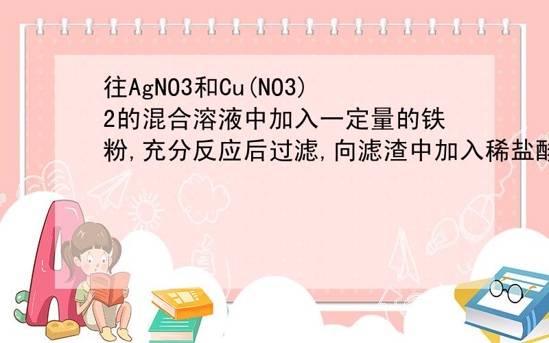 往AgNO3和Cu(NO3)2的混合溶液中加入一定量的铁粉,充分反应后过滤,向滤渣中加入稀盐酸,无气泡产生.根据上述现象,你能得出的结论是（）A滤渣中一定有Fe粉B滤渣中一定有Cu粉C滤液中一定有Fe2+D