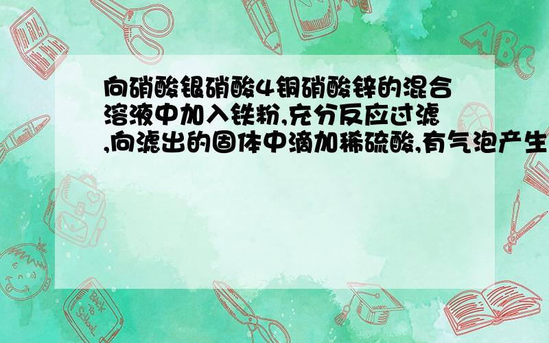 向硝酸银硝酸4铜硝酸锌的混合溶液中加入铁粉,充分反应过滤,向滤出的固体中滴加稀硫酸,有气泡产生,滤出固体中一定有什么 ,滤液中一定含有的溶质的化学式是什么