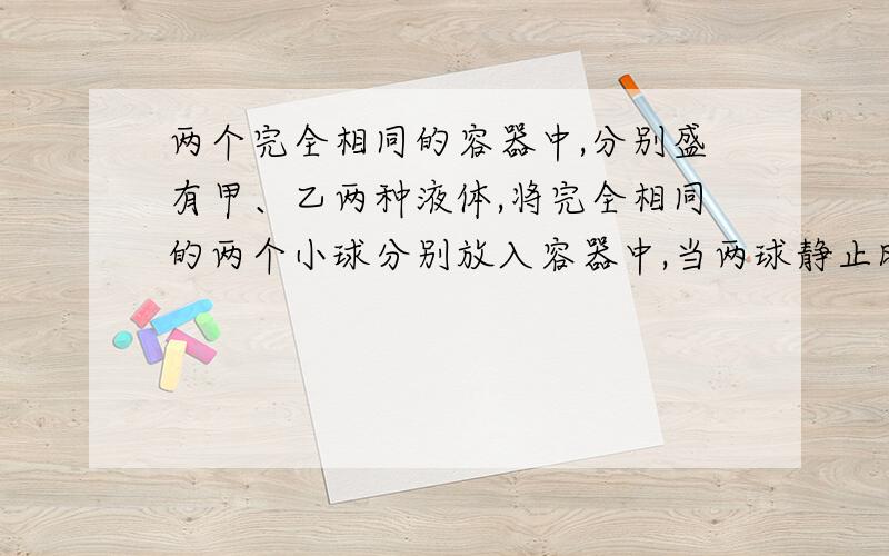 两个完全相同的容器中,分别盛有甲、乙两种液体,将完全相同的两个小球分别放入容器中,当两球静止时,液面相平,球所处的位子如图所示,甲、乙两种液体对容器底的压强大小分别为P甲、P乙,