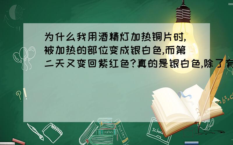 为什么我用酒精灯加热铜片时,被加热的部位变成银白色,而第二天又变回紫红色?真的是银白色,除了有一点黑色的CuO外.是分析纯的铜片,已经很纯了