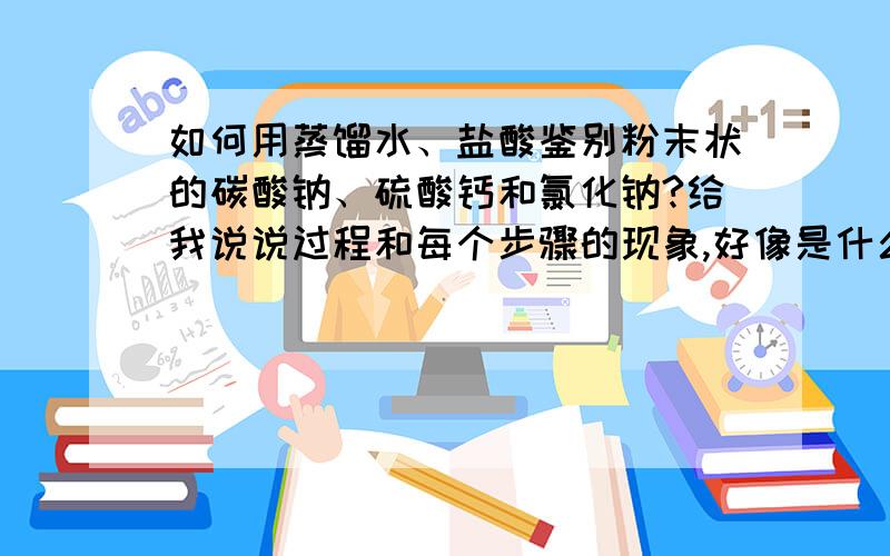 如何用蒸馏水、盐酸鉴别粉末状的碳酸钠、硫酸钙和氯化钠?给我说说过程和每个步骤的现象,好像是什么沉淀、气泡、没现象什么的,