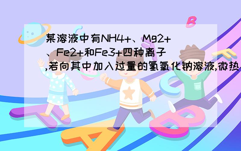 某溶液中有NH4+、Mg2+、Fe2+和Fe3+四种离子,若向其中加入过量的氢氧化钠溶液,微热并搅拌,再加入过量盐酸,溶液中大量增加的阳离子是 A.NH4+ B.Fe2+ C.Fe3+ D.Mg2+