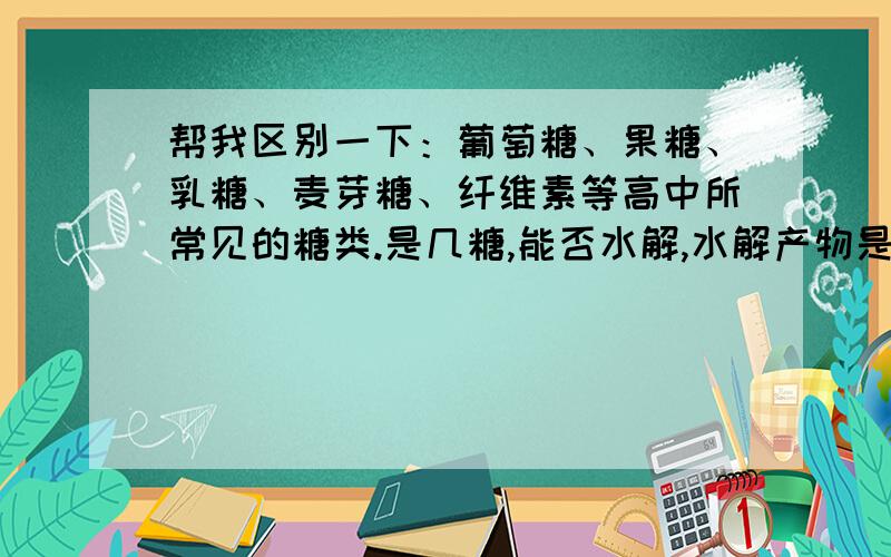 帮我区别一下：葡萄糖、果糖、乳糖、麦芽糖、纤维素等高中所常见的糖类.是几糖,能否水解,水解产物是什么.