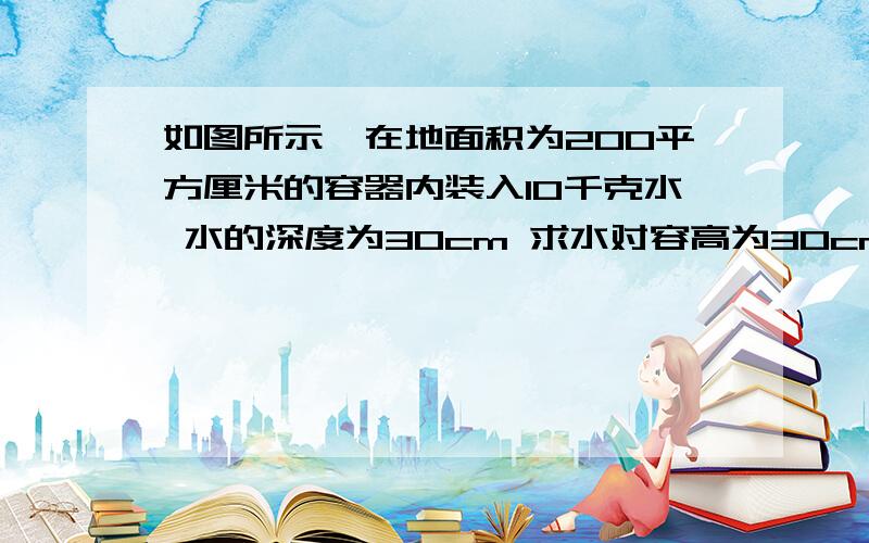 如图所示,在地面积为200平方厘米的容器内装入10千克水 水的深度为30cm 求水对容高为30cm水对容器底部的压力和压强