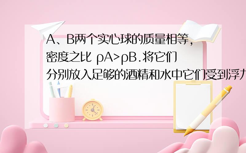 A、B两个实心球的质量相等,密度之比 ρA>ρB.将它们分别放入足够的酒精和水中它们受到浮力其浮力的比值不可能的是A.1∶1 B.8∶5 C.2 ρA∶ ρ水 D.2ρ 酒精∶ ρB