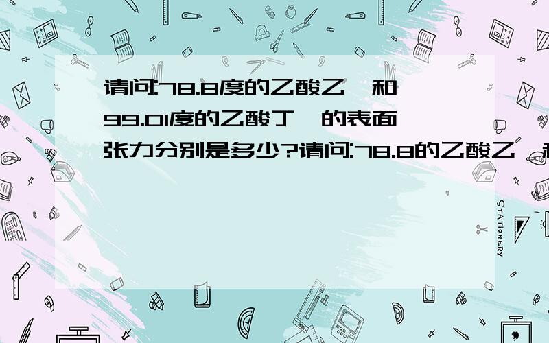 请问:78.8度的乙酸乙酯和99.01度的乙酸丁酯的表面张力分别是多少?请问:78.8的乙酸乙酯和99.01的乙酸丁酯的表面张力是多少?常温下！请给具体数据，