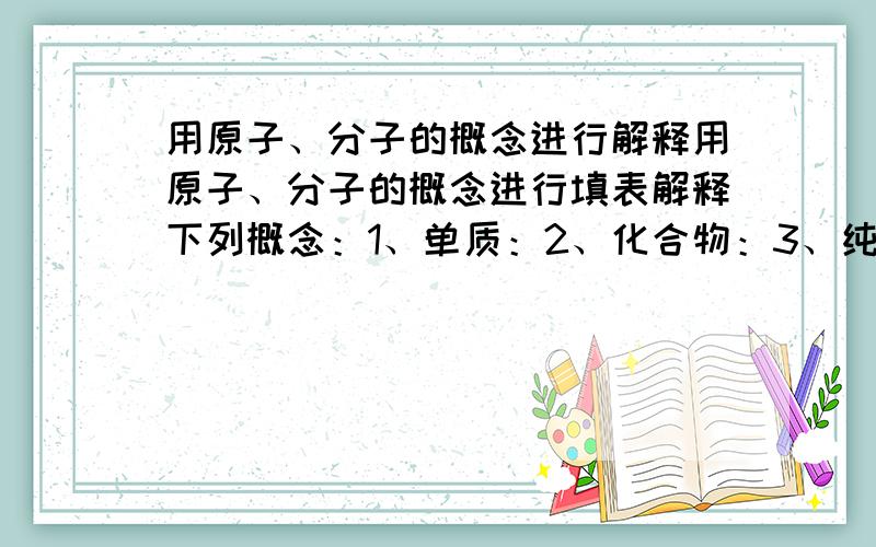 用原子、分子的概念进行解释用原子、分子的概念进行填表解释下列概念：1、单质：2、化合物：3、纯净物：4、混合物：5、化学变化：6、物理变化：用原子、分子来解释概念