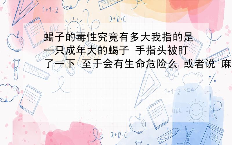 蝎子的毒性究竟有多大我指的是一只成年大的蝎子 手指头被盯了一下 至于会有生命危险么 或者说 麻痹之后过一定时辰就没事了呢