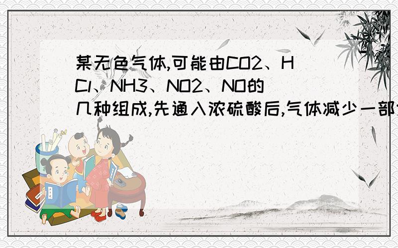 某无色气体,可能由CO2、HCl、NH3、NO2、NO的几种组成,先通入浓硫酸后,气体减少一部分,再通入某无色气体,可能由CO2、HCl、NH3、NO2、NO的几种组成,先通入浓硫酸后,气体减少一部分,再通入Na2O2干