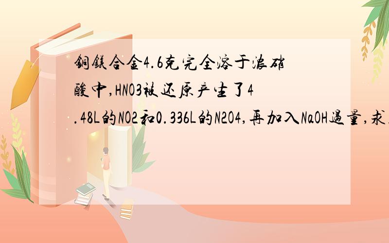 铜镁合金4.6克完全溶于浓硝酸中,HNO3被还原产生了4.48L的NO2和0.336L的N2O4,再加入NaOH过量,求沉淀的质