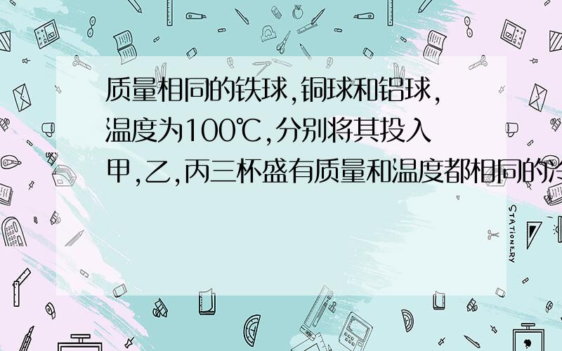 质量相同的铁球,铜球和铝球,温度为100℃,分别将其投入甲,乙,丙三杯盛有质量和温度都相同的冷水中（c铝＞c铁＞c铜,不记热损失）,则水的末温最高的是已知,但我觉的应该是一样高的.我的依