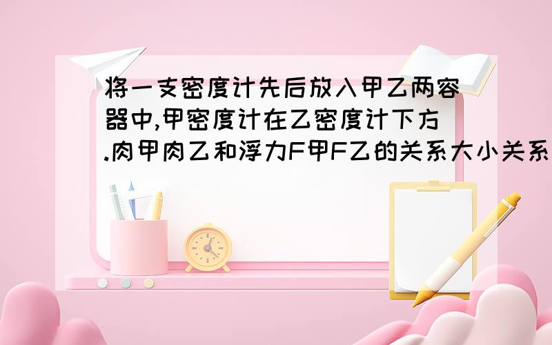 将一支密度计先后放入甲乙两容器中,甲密度计在乙密度计下方.肉甲肉乙和浮力F甲F乙的关系大小关系 两种关系