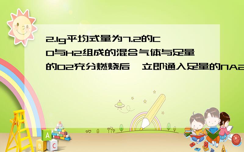 2.1g平均式量为7.2的CO与H2组成的混合气体与足量的O2充分燃烧后,立即通入足量的NA2O2固体中,固体质量增加多少?