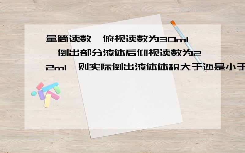 量筒读数,俯视读数为30ml,倒出部分液体后仰视读数为22ml,则实际倒出液体体积大于还是小于8ml,为什么呢