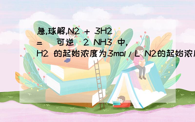 急,球解,N2 + 3H2 = （可逆）2 NH3 中,H2 的起始浓度为3mol/L N2的起始浓度为1mol/L 3秒后NH3的浓度为0.1mol/L 求：3秒后 N2的体积分数（容器为1L,保持不变）