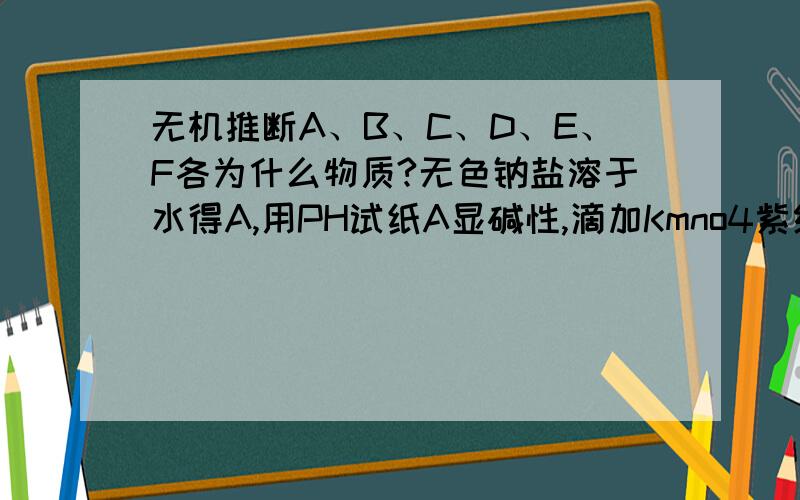 无机推断A、B、C、D、E、F各为什么物质?无色钠盐溶于水得A,用PH试纸A显碱性,滴加Kmno4紫红色褪去,A被氧化为B,B中加入BaCl2溶液得到不溶于强酸的白色沉淀C,向A中加入稀盐酸有无色气体D放出.将D