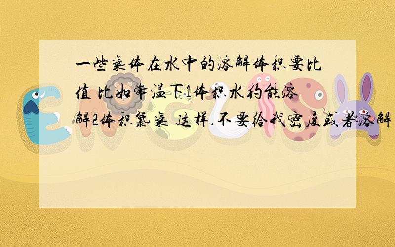 一些气体在水中的溶解体积要比值 比如常温下1体积水约能溶解2体积氯气 这样．不要给我密度或者溶解度．越多越好哈．．好的加分