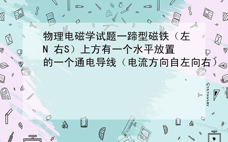 物理电磁学试题一蹄型磁铁（左N 右S）上方有一个水平放置的一个通电导线（电流方向自左向右）,为什么导线会向下运动.