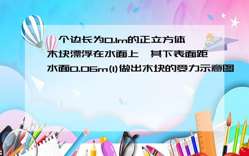 一个边长为0.1m的正立方体木块漂浮在水面上,其下表面距水面0.06m(1)做出木块的受力示意图,（2)请你计算出木块受到的浮力