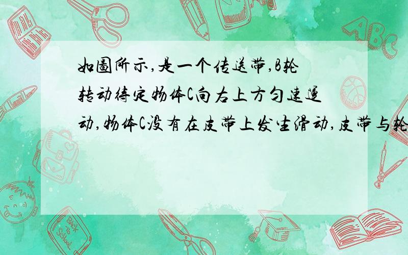 如图所示,是一个传送带,B轮转动待定物体C向右上方匀速运动,物体C没有在皮带上发生滑动,皮带与轮之间不打滑,则有关物体C与皮带之间的摩擦、皮带与B轮之间的摩擦的说发正确的是.A,没有摩