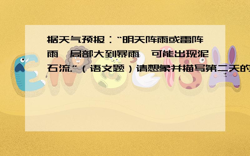 据天气预报：“明天阵雨或雷阵雨,局部大到暴雨,可能出现泥石流.”（语文题）请想象并描写第二天的天气情况.注意想象合理,描写生动,100字以内.