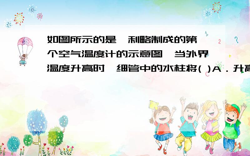 如图所示的是伽利略制成的第一个空气温度计的示意图,当外界温度升高时,细管中的水柱将( )A．升高    B. 降低      C．不变    D．无法判定