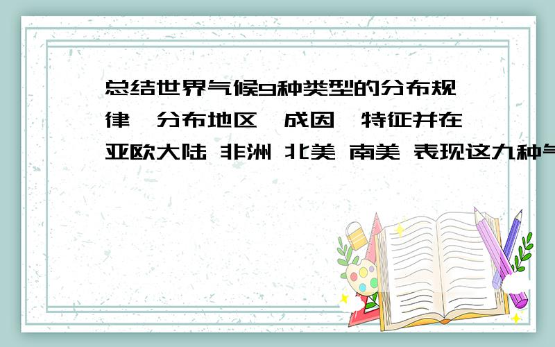 总结世界气候9种类型的分布规律,分布地区,成因,特征并在亚欧大陆 非洲 北美 南美 表现这九种气候