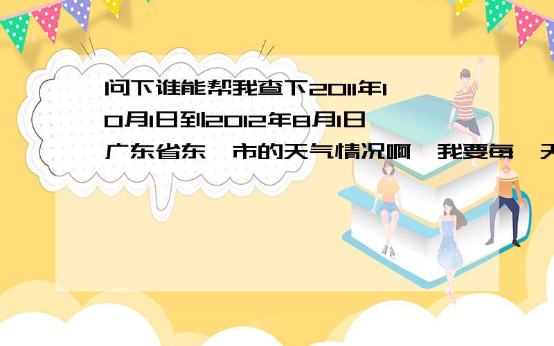 问下谁能帮我查下2011年10月1日到2012年8月1日广东省东莞市的天气情况啊,我要每一天的天气情况