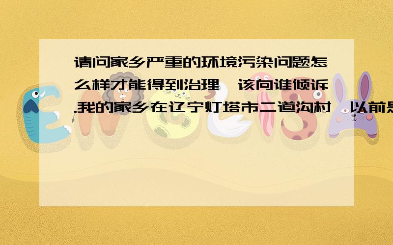 请问家乡严重的环境污染问题怎么样才能得到治理,该向谁倾诉.我的家乡在辽宁灯塔市二道沟村,以前是青山绿水好风光,近年来各种重工型产业在发展,这里有了N家爆破山上石头的厂子,还有水