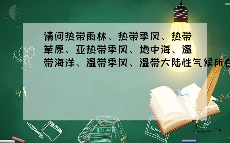 请问热带雨林、热带季风、热带草原、亚热带季风、地中海、温带海洋、温带季风、温带大陆性气候所在地区的植物呈现什么样子?