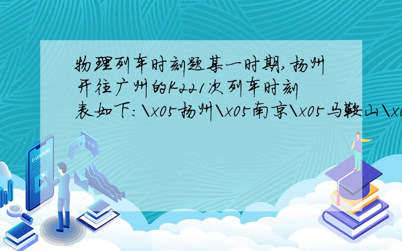 物理列车时刻题某一时期,扬州开往广州的K221次列车时刻表如下：\x05扬州\x05南京\x05马鞍山\x05郴州\x05广州到达时间\x05 \x0519:10\x0520:15\x0517:30\x0521:50发车时间\x0517：30\x0519:16\x0520:22\x0517:36\x05 里