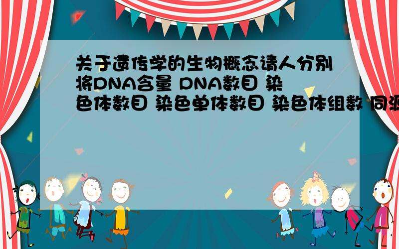 关于遗传学的生物概念请人分别将DNA含量 DNA数目 染色体数目 染色单体数目 染色体组数 同源染色体 等位基因 这些名词的概念一一列出