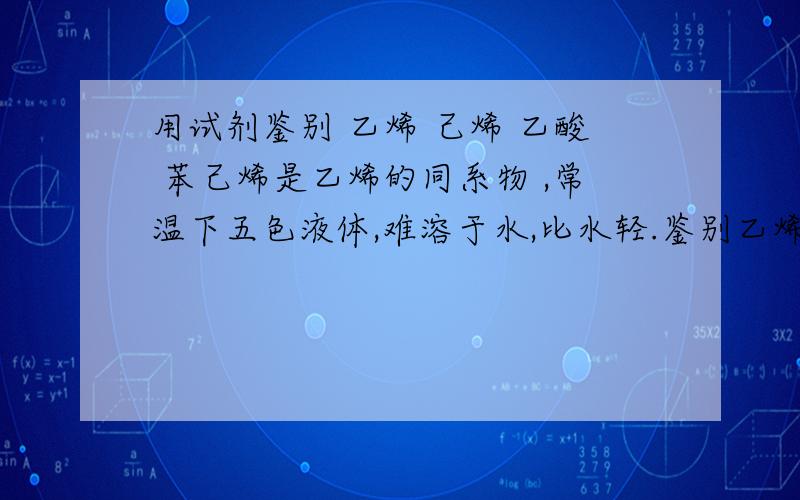 用试剂鉴别 乙烯 己烯 乙酸 苯己烯是乙烯的同系物 ,常温下五色液体,难溶于水,比水轻.鉴别乙烯,己烯,乙酸,苯四种无色溶液或液体可用试剂:A.盐酸B.食盐C.新制氢氧化铜D.溴水.为什么/?