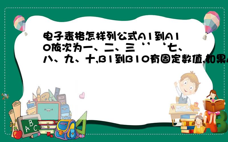 电子表格怎样列公式A1到A10依次为一、二、三‘’‘七、八、九、十,B1到B10有固定数值,如果A11为“一”,则C11=B1*10,如果A11=“二”,则C11=B2*10..A10=“十”,则C11=B10*10.求公式,A10=“十”,则C11=B10*10