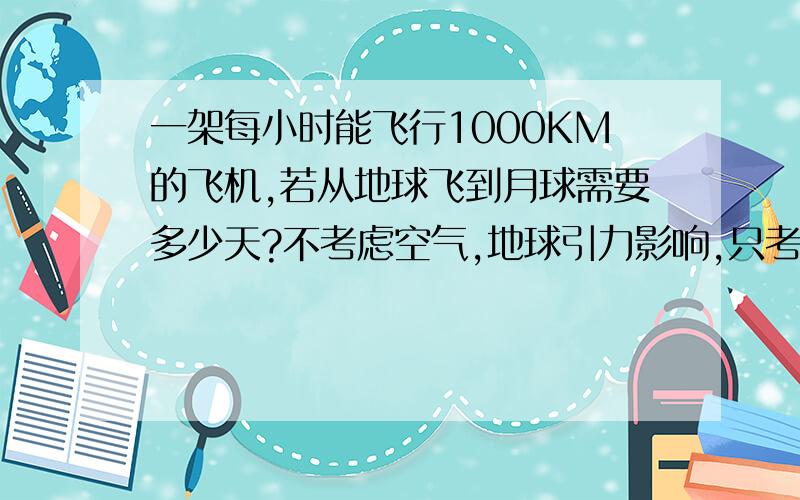 一架每小时能飞行1000KM的飞机,若从地球飞到月球需要多少天?不考虑空气,地球引力影响,只考虑月地距离