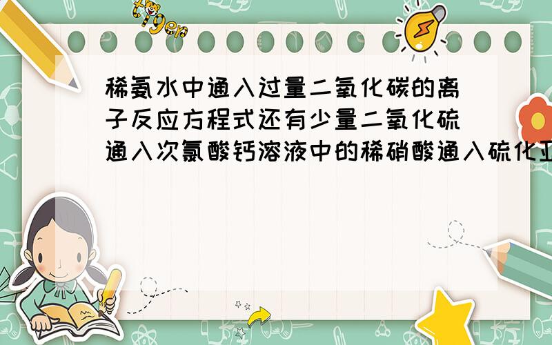稀氨水中通入过量二氧化碳的离子反应方程式还有少量二氧化硫通入次氯酸钙溶液中的稀硝酸通入硫化亚铁固体不过我觉得老这么问下去也不是办法呀~谁能解决上面问题之后再支个招——我