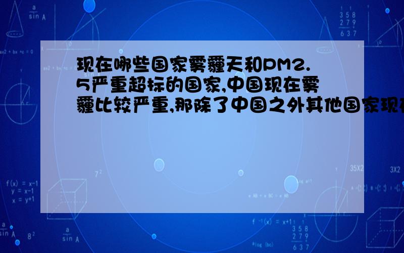 现在哪些国家雾霾天和PM2.5严重超标的国家,中国现在雾霾比较严重,那除了中国之外其他国家现在又哪些雾霾比较严重的,美国,英国,加拿大,澳大利亚,新西兰,新加坡,马来西亚,德国,法国,意大