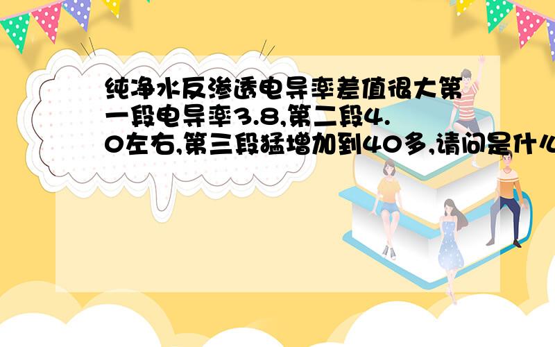 纯净水反渗透电导率差值很大第一段电导率3.8,第二段4.0左右,第三段猛增加到40多,请问是什么原因啊