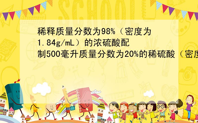 稀释质量分数为98%（密度为1.84g/mL）的浓硫酸配制500毫升质量分数为20%的稀硫酸（密度为1.14g/mL）,稀释需要的水的体积约为多少